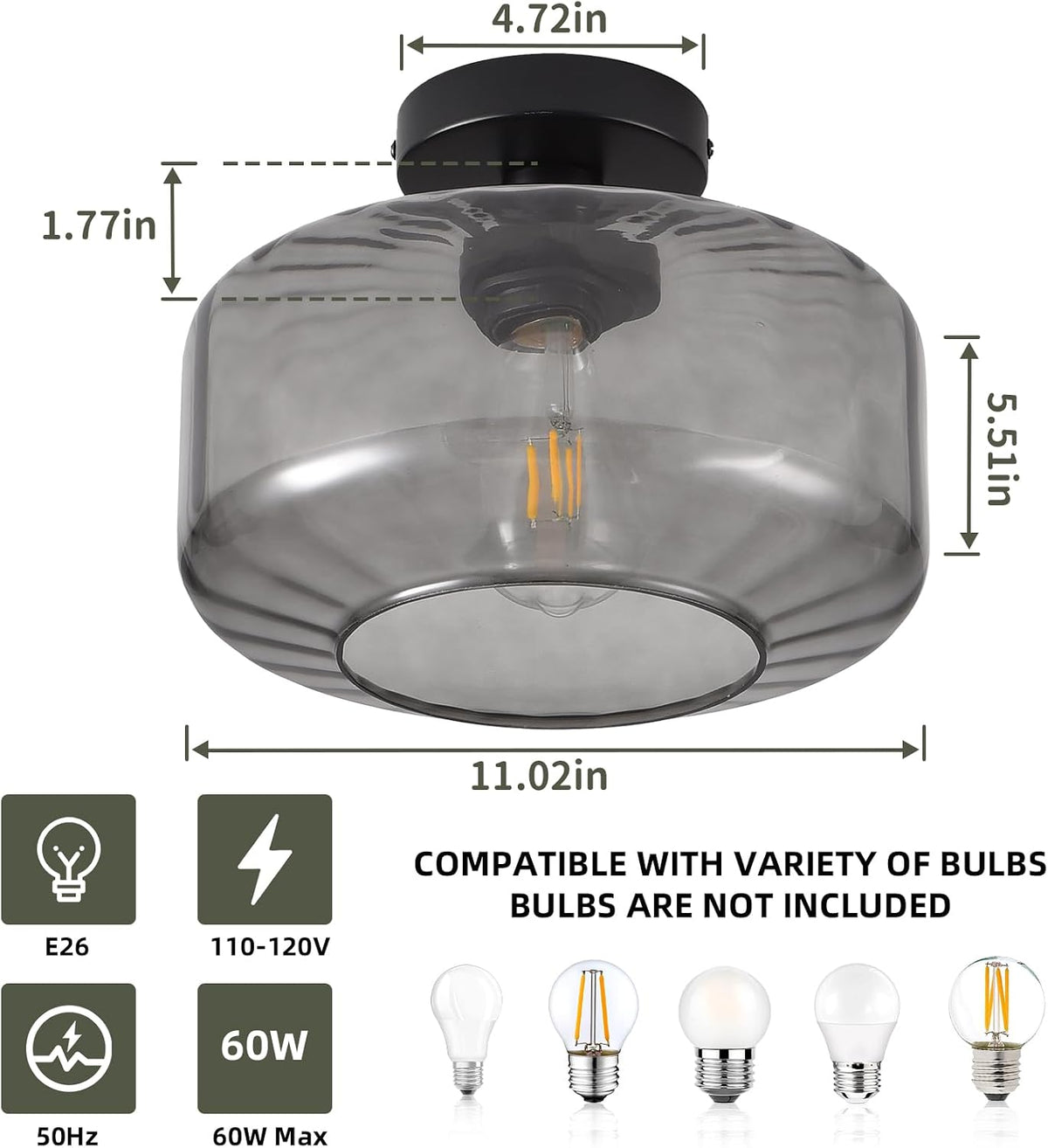 Smoke Grey Glass Semi Flush Ceiling Light