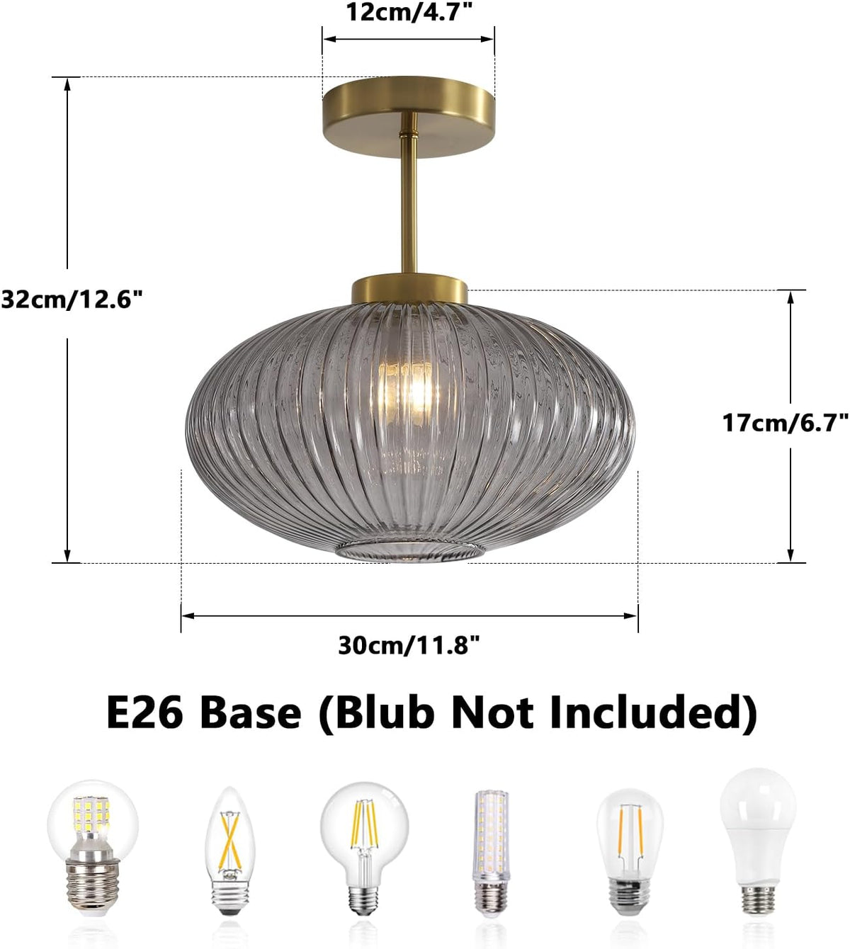 Gold Smoke Ribbed Glass Semi Flush Ceiling Light