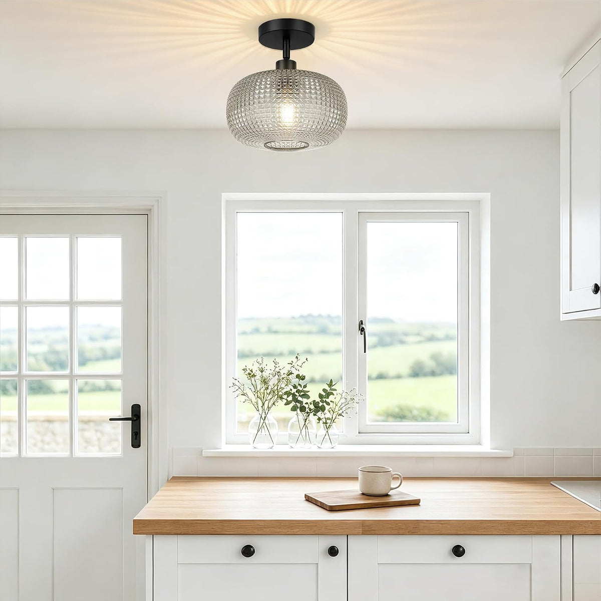 Modern Smoky Gray Glass Semi Flush Ceiling Light