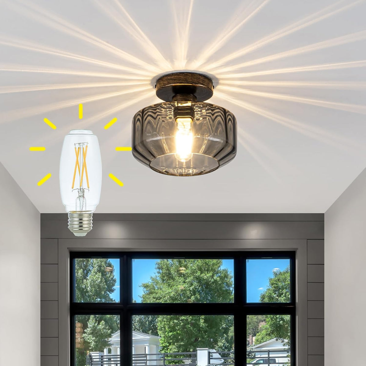 Textured Smoked Glass Semi Flush Ceiling Light