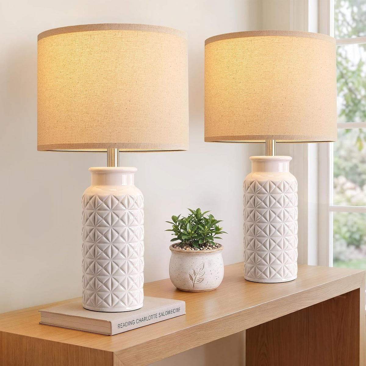 Modern White Bedside Lamp Set of 2