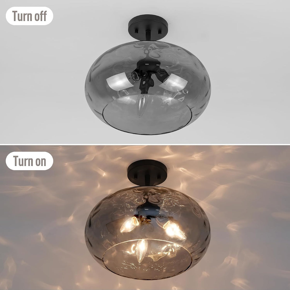 14" Hammered Smoked Glass Semi Flush Ceiling Light