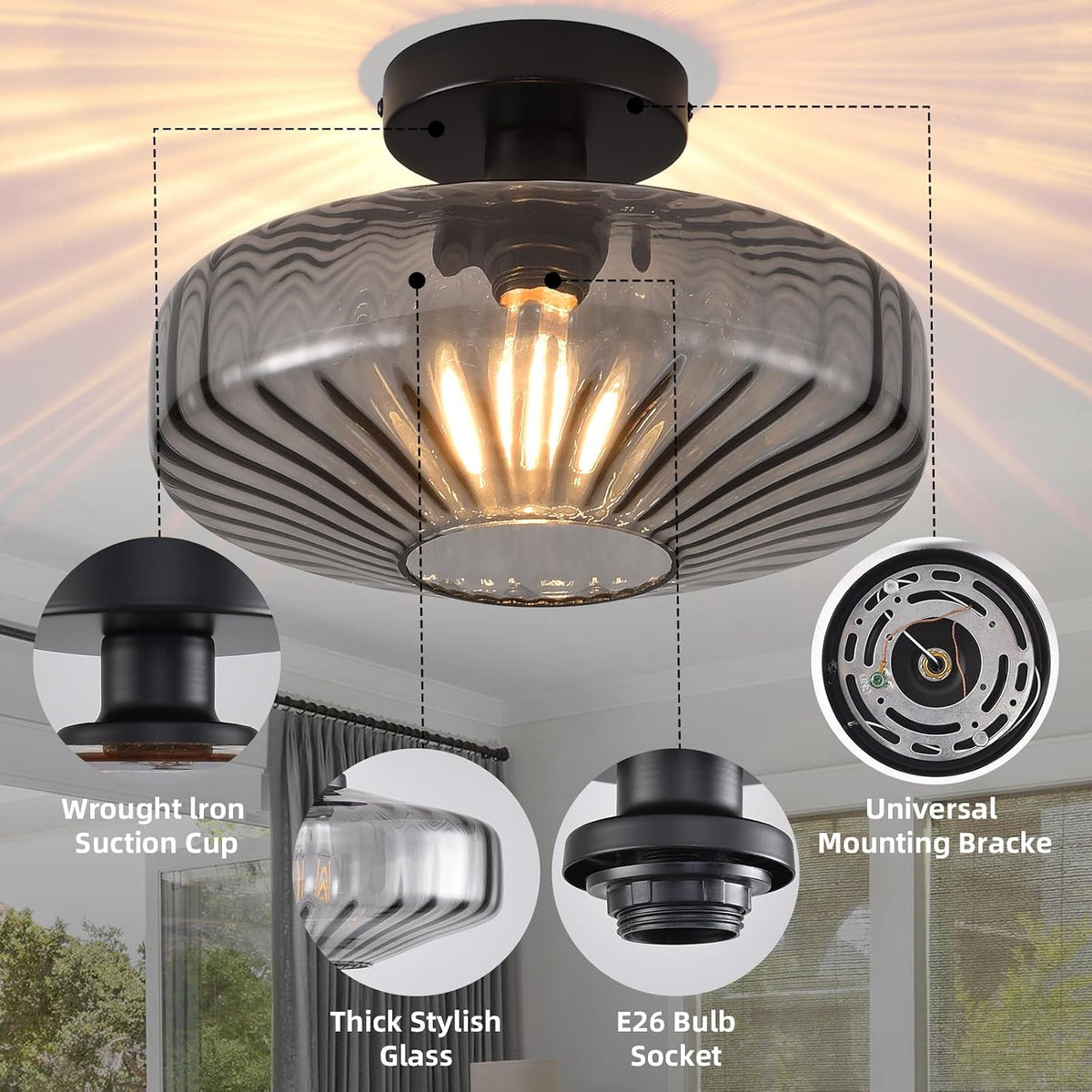 11.8" Smoke Grey Glass Semi Flush Ceiling Light