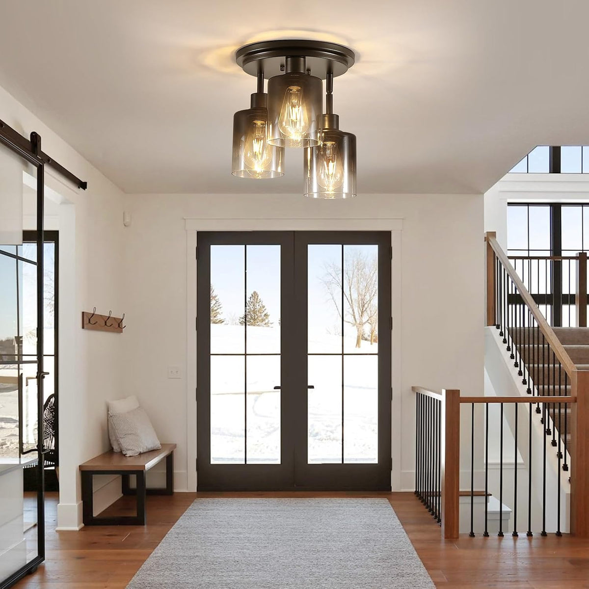 3-Light Black Smoked Glass Semi Flush Ceiling Light