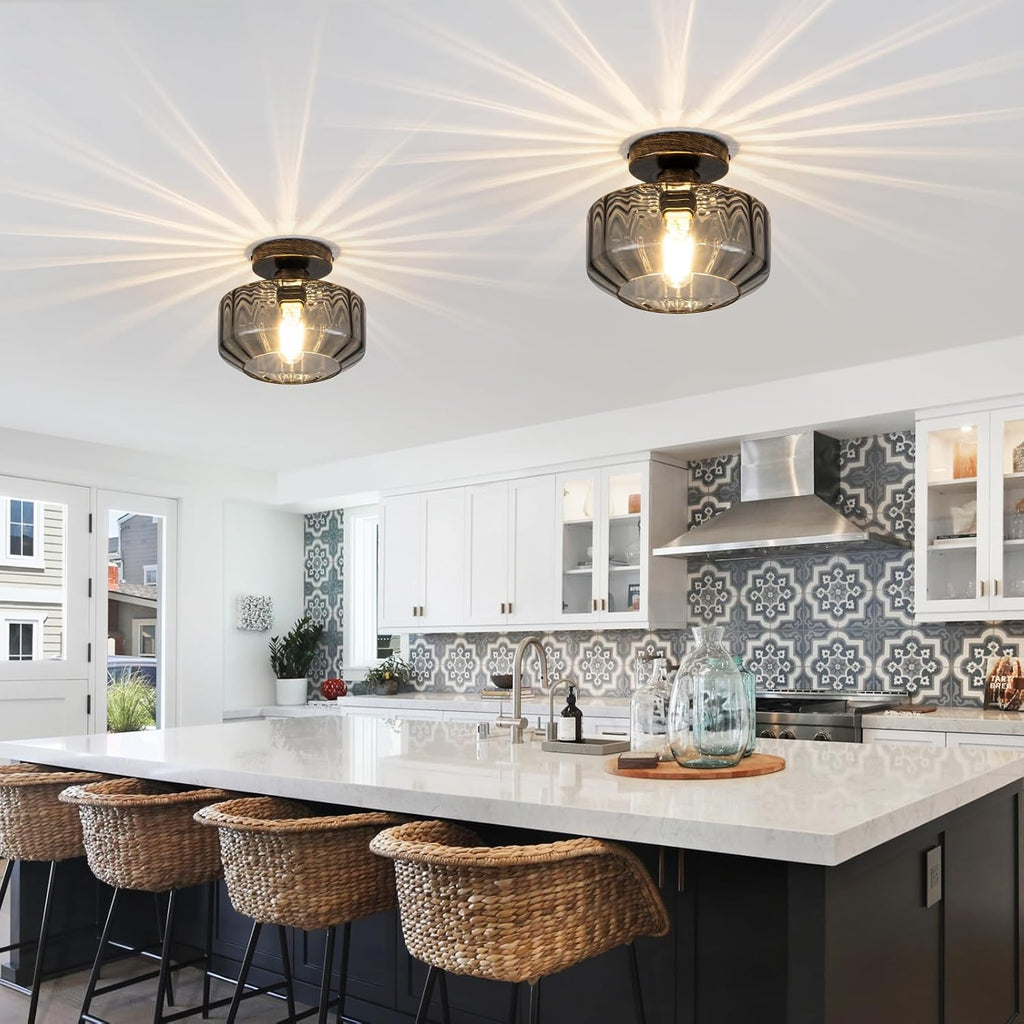 Textured Smoked Glass Semi Flush Ceiling Light