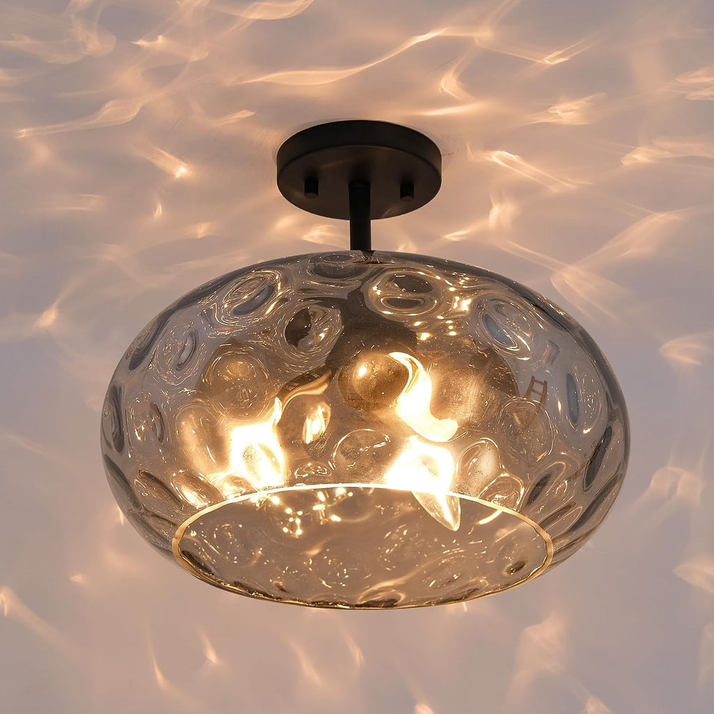 14" Hammered Smoked Glass Semi Flush Ceiling Light
