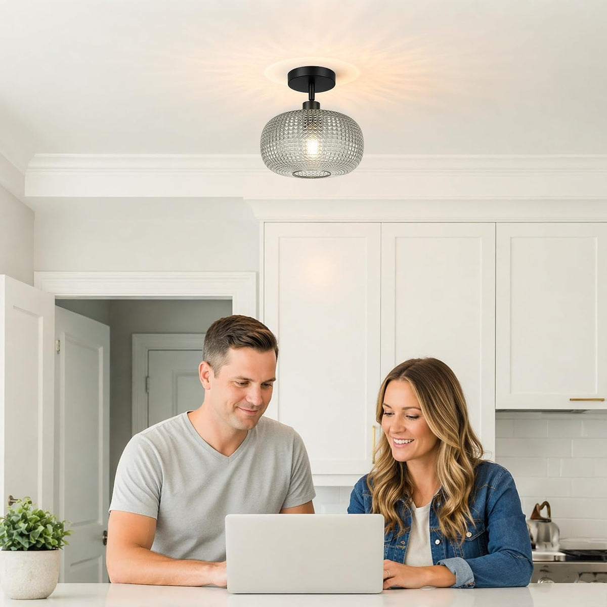 Modern Smoky Gray Glass Semi Flush Ceiling Light