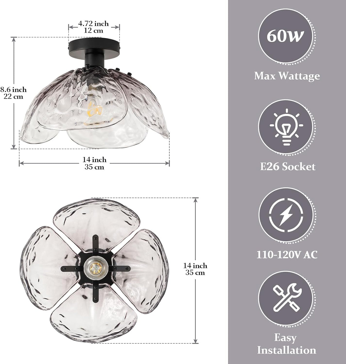 Vintage Smoke Glass Semi Flush Ceiling Light