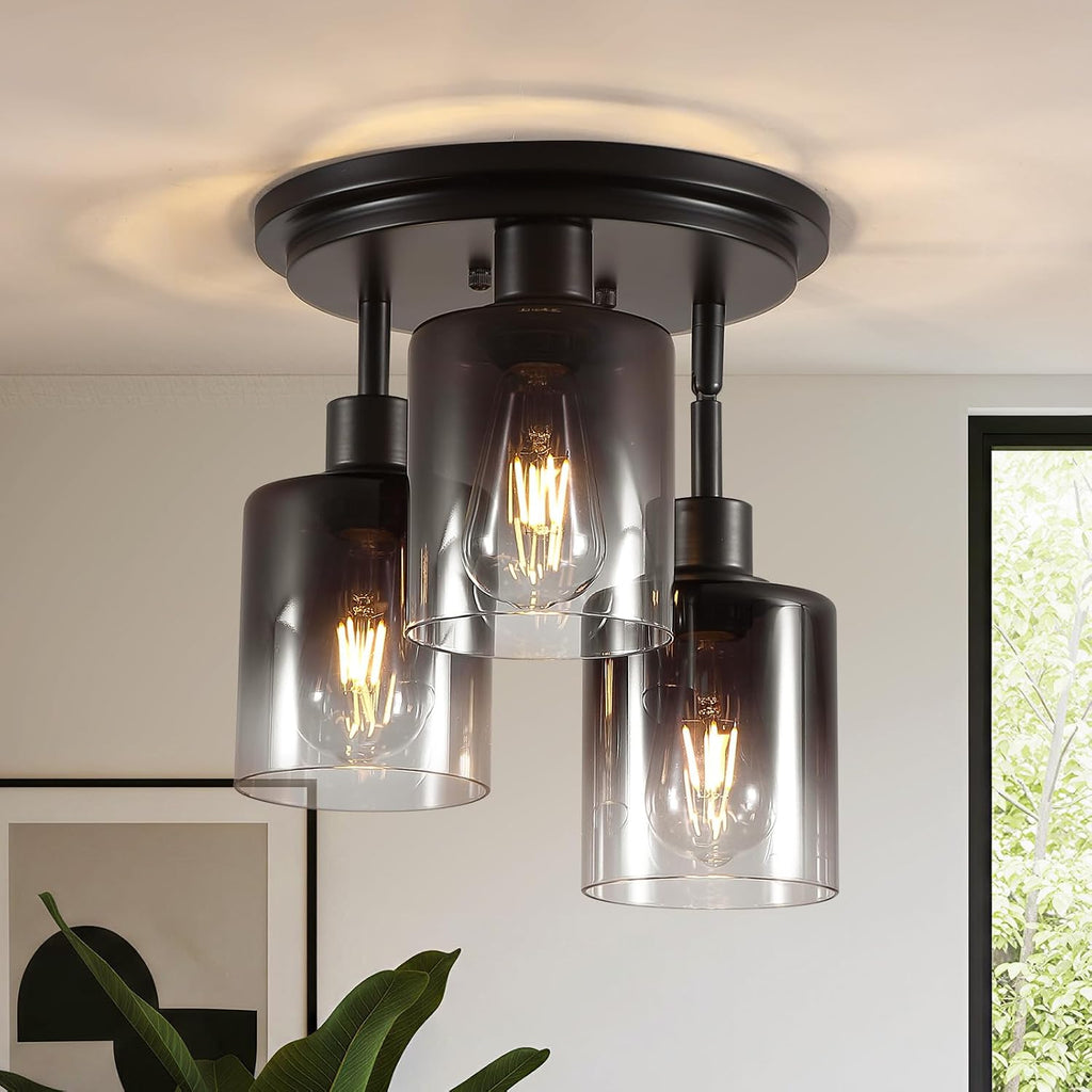 3-Light Black Smoked Glass Semi Flush Ceiling Light