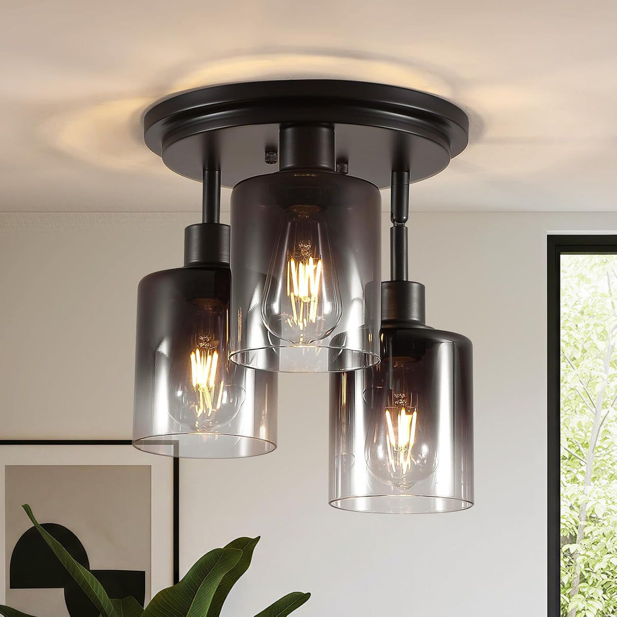 3-Light Black Smoked Glass Semi Flush Ceiling Light