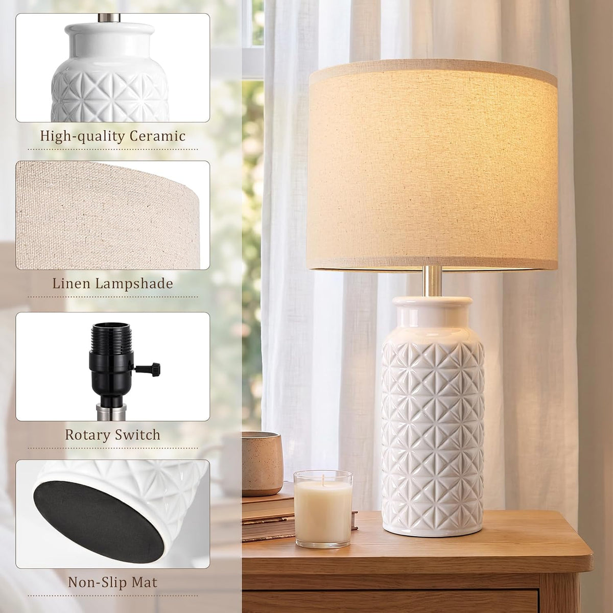 Modern White Bedside Lamp Set of 2