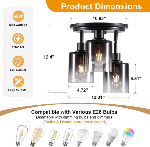 3-Light Black Smoked Glass Semi Flush Ceiling Light