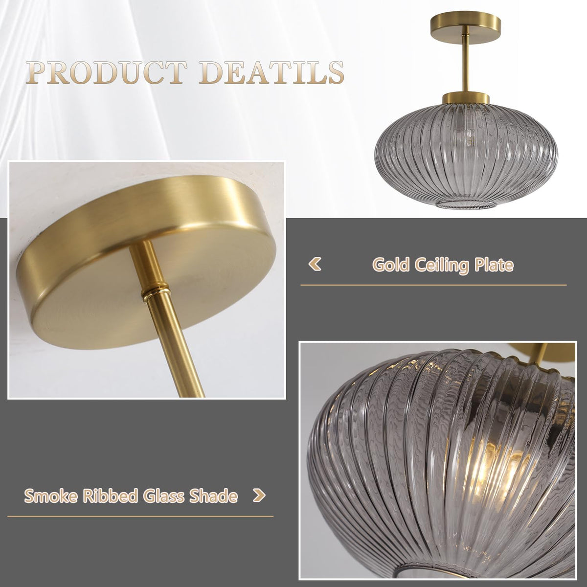 Gold Smoke Ribbed Glass Semi Flush Ceiling Light