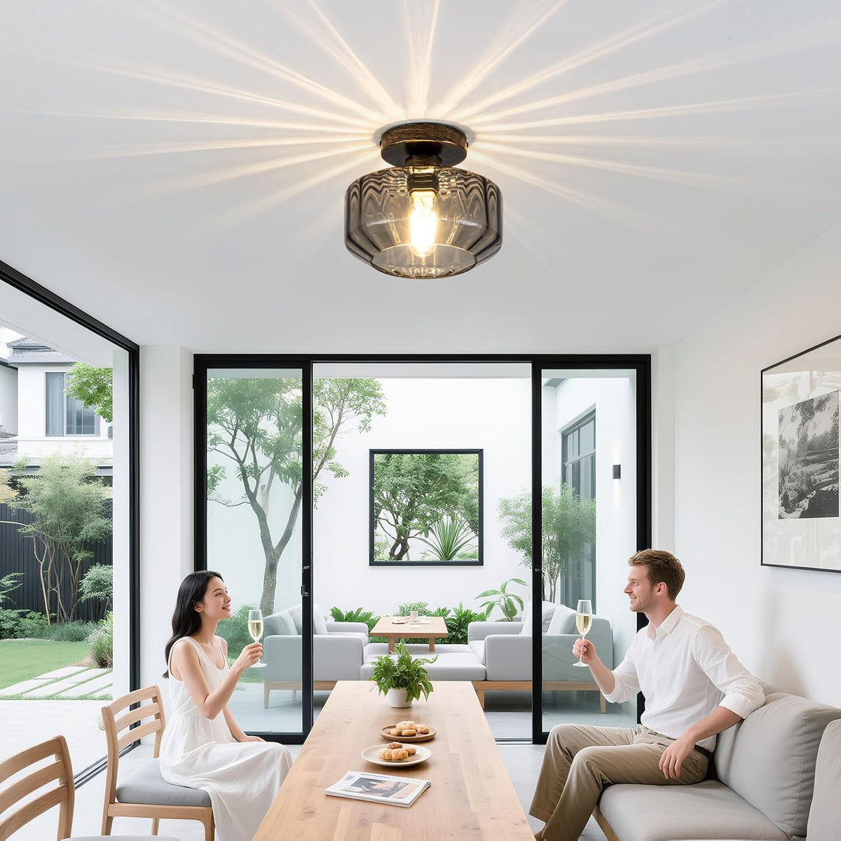 Textured Smoked Glass Semi Flush Ceiling Light