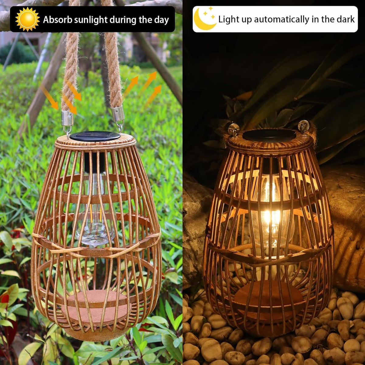 Natural Rattan Solar Lantern with Handle