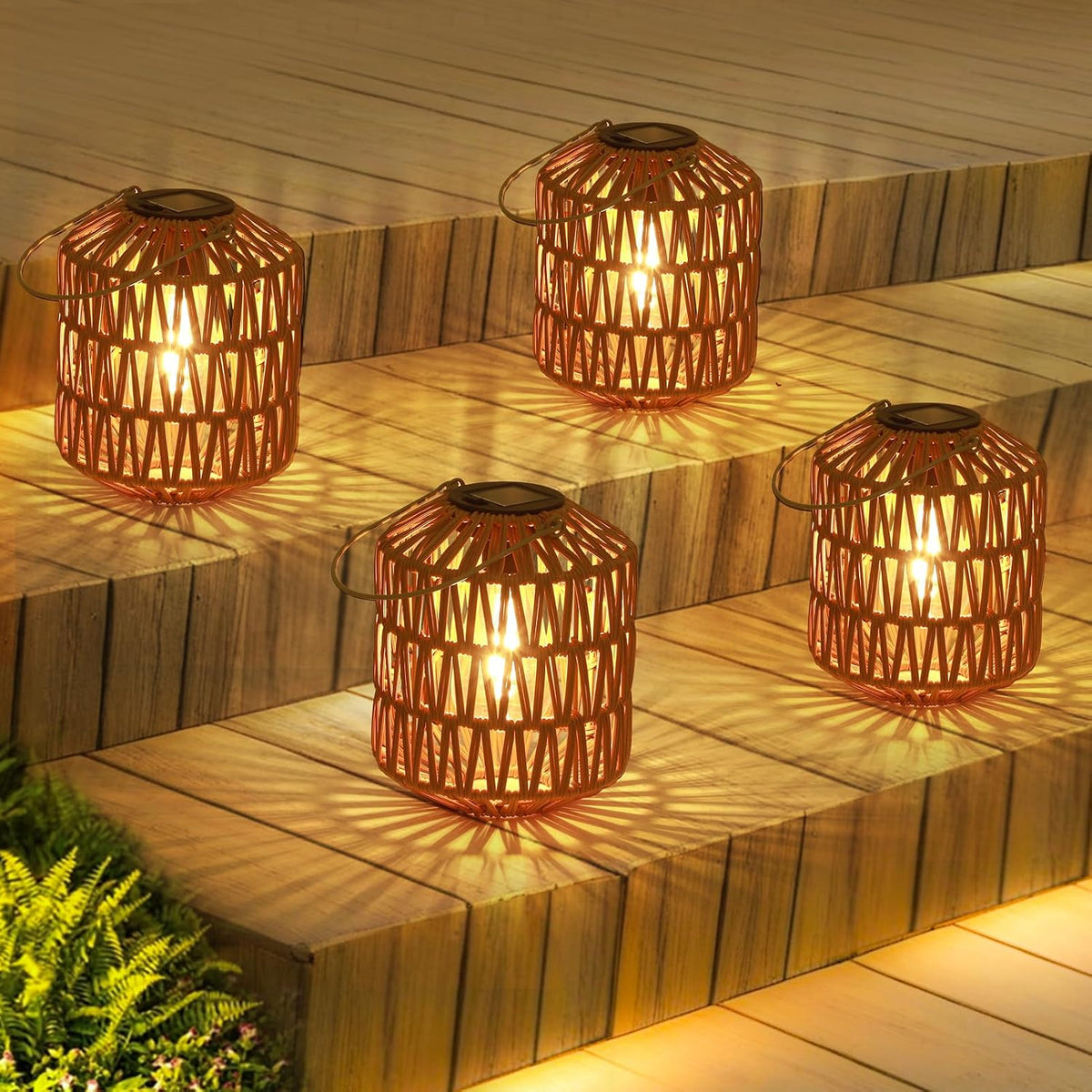 Rattan Solar Lanterns 4 Pack Outdoor