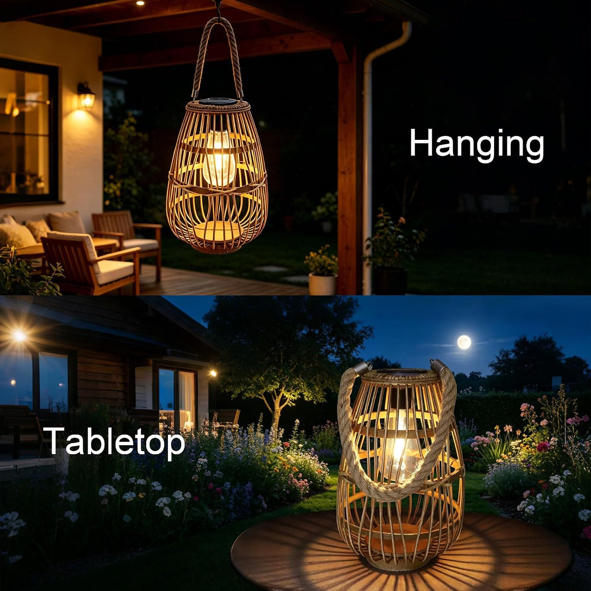 Natural Rattan Solar Lantern with Handle