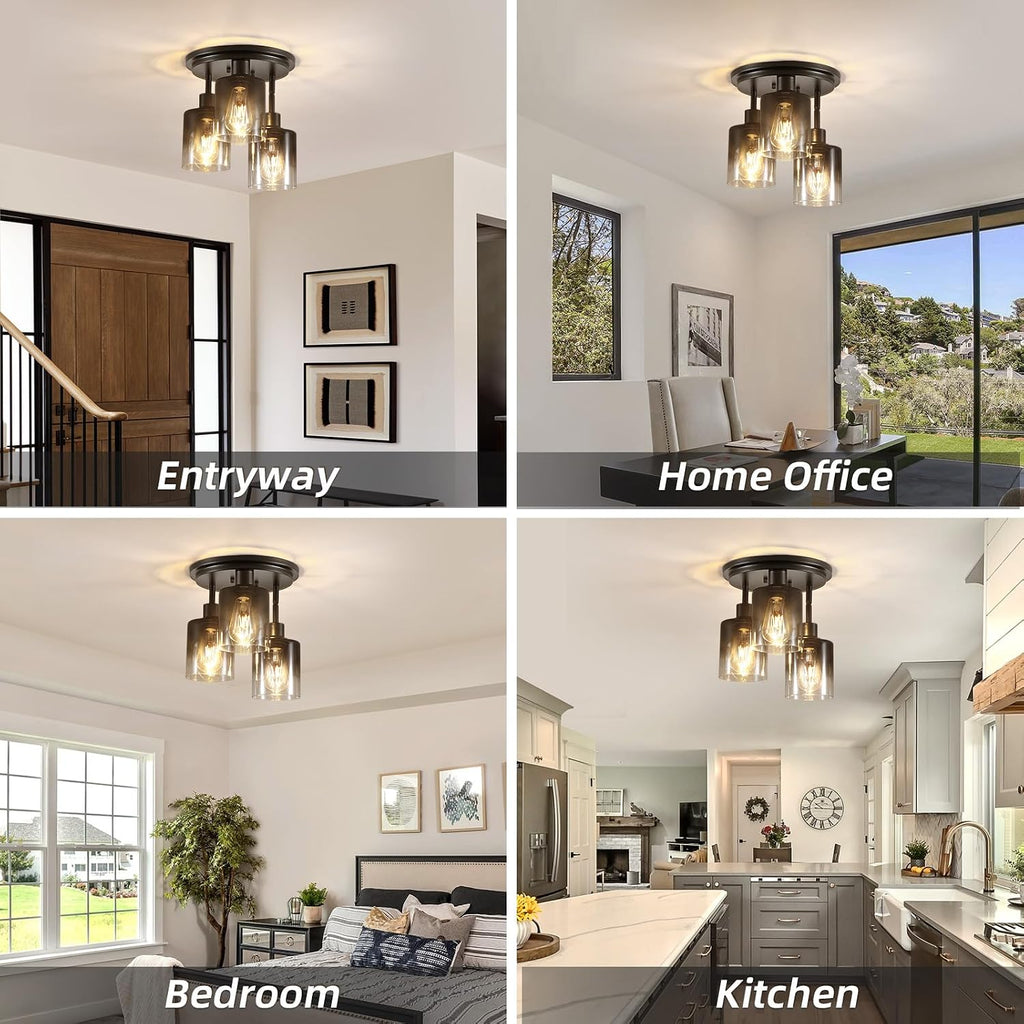 3-Light Black Smoked Glass Semi Flush Ceiling Light