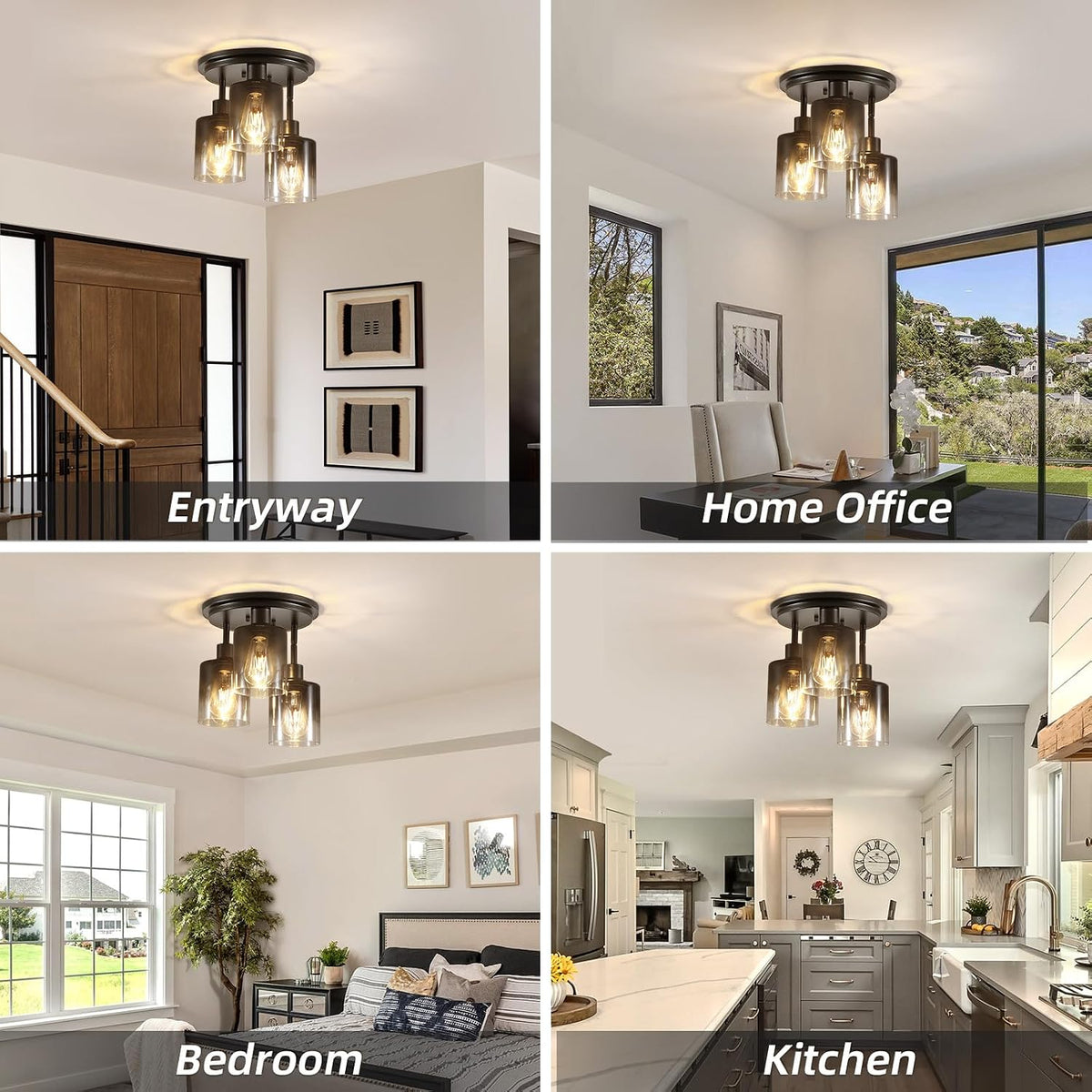3-Light Black Smoked Glass Semi Flush Ceiling Light