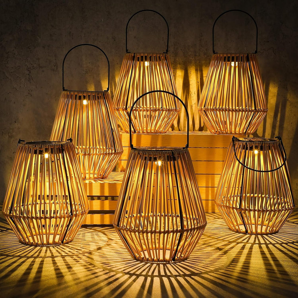 Square Rattan Solar Lanterns 6 Pack