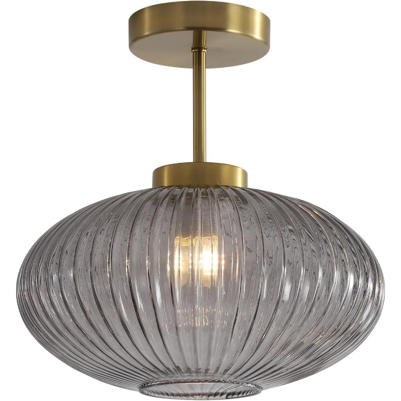 Gold Smoke Ribbed Glass Semi Flush Ceiling Light